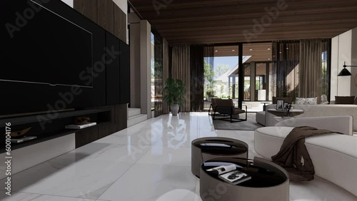 Interior of a family house, living room with kitchen - 3D animation