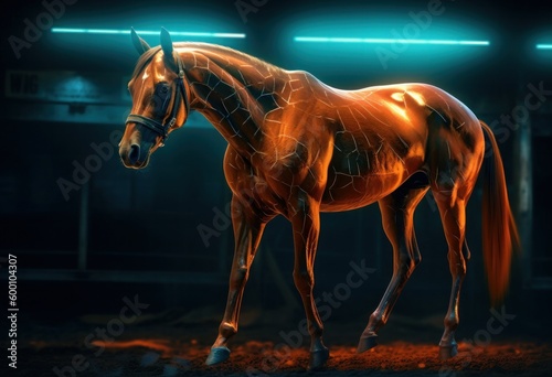 Horse is standing stably. Digital Illustration. Neon light, generative ai photo