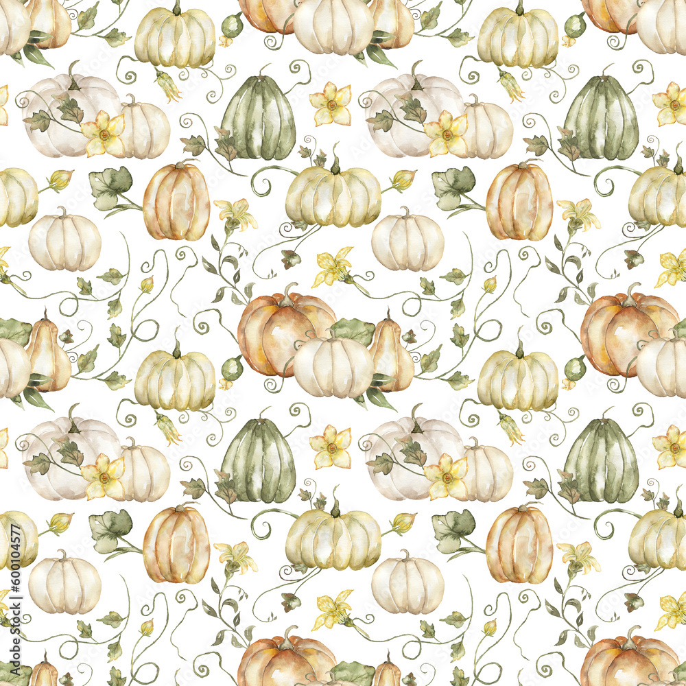 Watercolor hand drawn pumpkin and leaves seamless pattern. Autumn florals repeat paper. Beautiful textile print - obrazy, fototapety, plakaty 