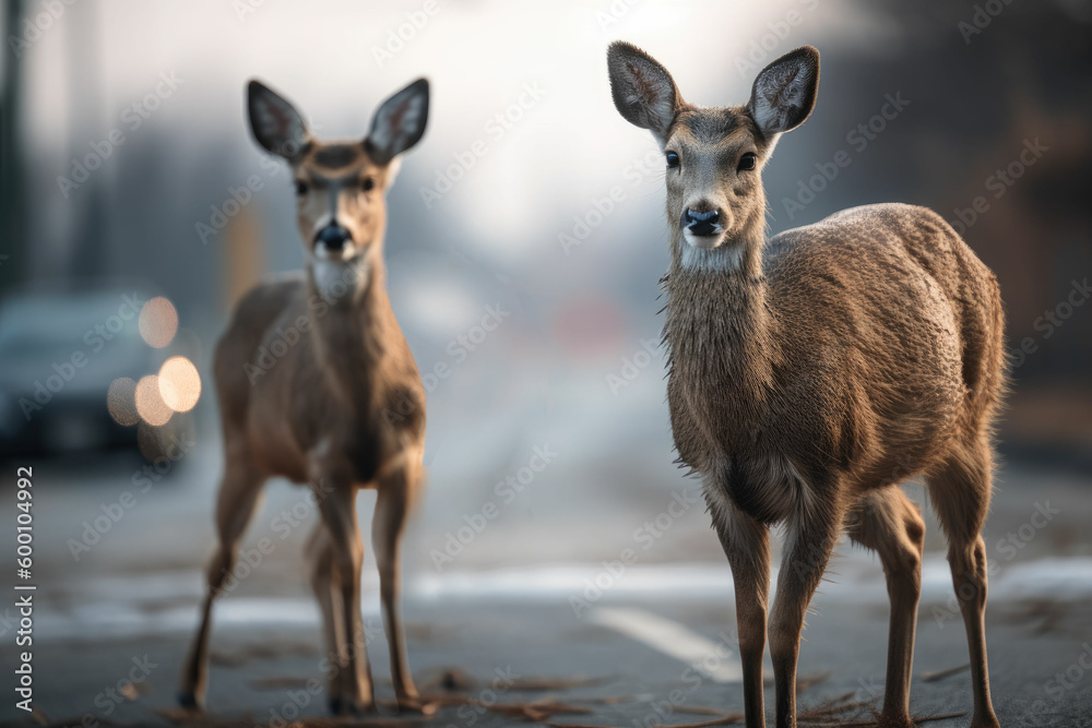 Fototapeta premium Roe deers crossing the car road