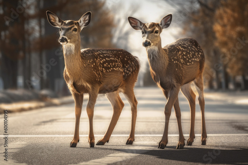 Roe deers crossing the forest road, between trees. Generated Ai