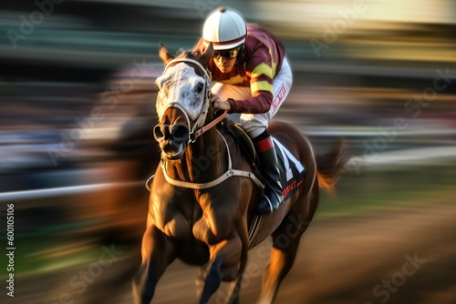 A horse rider galloping on their horse during a competitive race. Ai Generated. © rzrstudio
