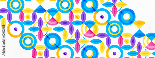 Abstract background - minimalist circles and round elements composition with varying sizes circles and other geometric shapes. The elements are arranged symmetrically in a grid-like pattern