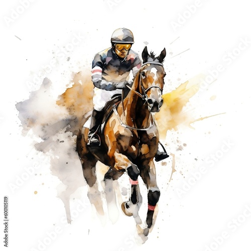 An equestrian mounted atop their horse, engaged in a competitive race, while a dynamic paint splash illustration captures the exhilarating movement. Ai Illustration.