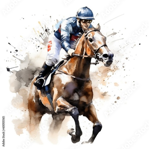 An equestrian mounted atop their horse, engaged in a competitive race, while a dynamic paint splash illustration captures the exhilarating movement. Ai Illustration.