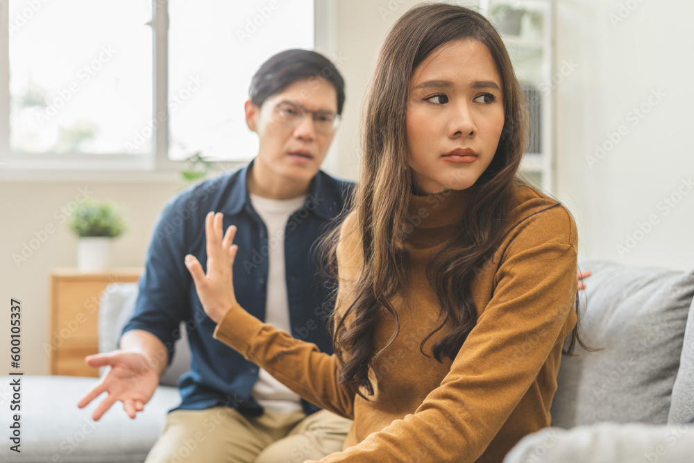 Breakup and depressed, asian young quarrel couple love fight relationship in trouble. Different people are emotion angry. Argue wife has expression upset with husband. Problem of family people. Breakup and depressed, asian young quarrel couple love fight relationship in trouble. Different people are emotion angry. Argue wife has expression upset with husband. Problem of family people.