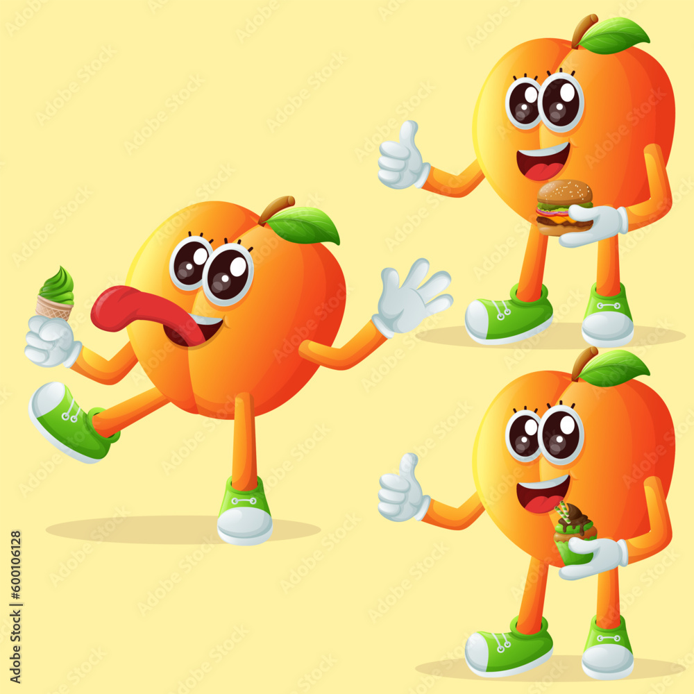 Naklejka premium Cute apricot characters enjoying food