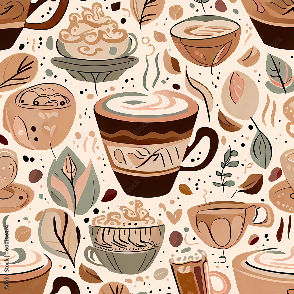 Seamless patterns of coffee, tea, cappuccino. Generative AI.