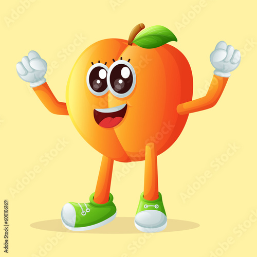 Cute apricot character making a victory sign with his hand