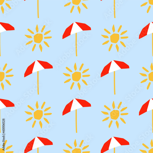Seamless pattern with sun and umbrella illustration in cutting style on blue
