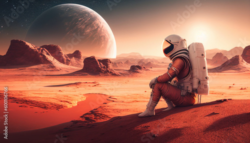 Adventurous astronaut explores creative mars planet, Generative AI © drizzlingstarsstudio