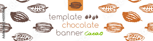 Confectionery banner with cocoa beans seamless pattern. Vector Cacao beans background for chocolate packaging or cocoa powder. Cocoa plant illustration for cosmetic label design. Organic cacao butter.