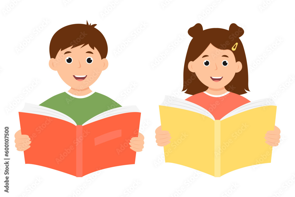 Smiling cute kids holding open book. Happy children reading a book. Vector illustration isolated Smiling cute kids holding open book. Happy children reading a book. Vector illustration isolated