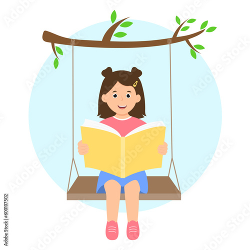 Cute Kid  Reading Book Sitting on Swing. Spare Time, relax, Hobby and Summer Time Leisure. Vector Illustration