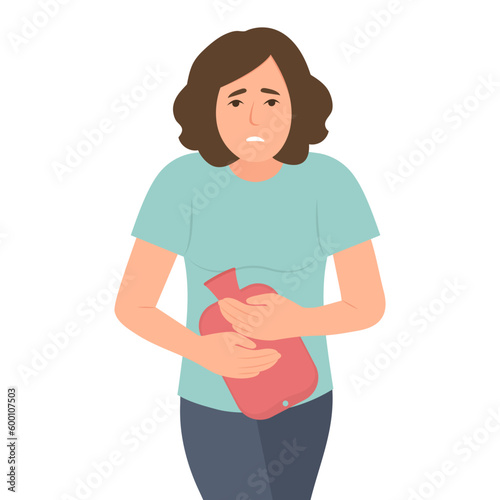 Woman suffering from menstrual pain.Painful periods, colic in the abdomen, inflammation of the appendages, uterus, ovaries.Girl holds rubber warmer with hot water. Vector Illustration