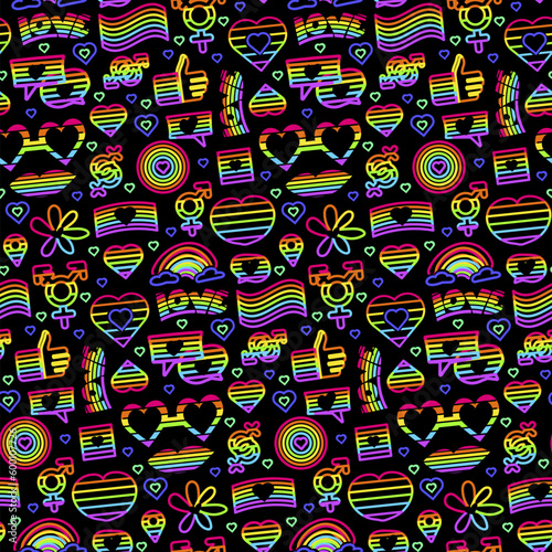 Neon gender pride signs seamless pattern. Progressive sexual relations between sexes groups. Ornament for printing on fabric, cover and packaging. Illuminated vector isolated on black background