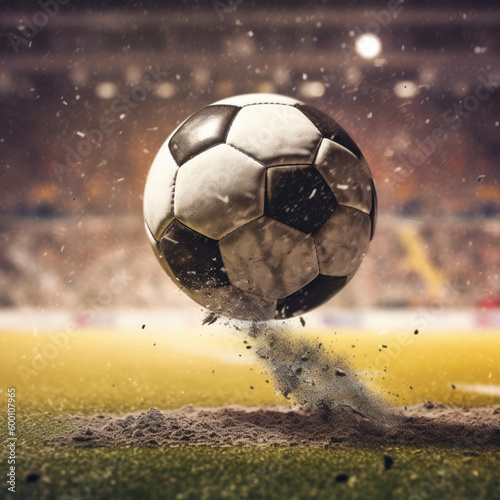 Soccer boot kicking a soccer ball. Generative AI. © DALU11