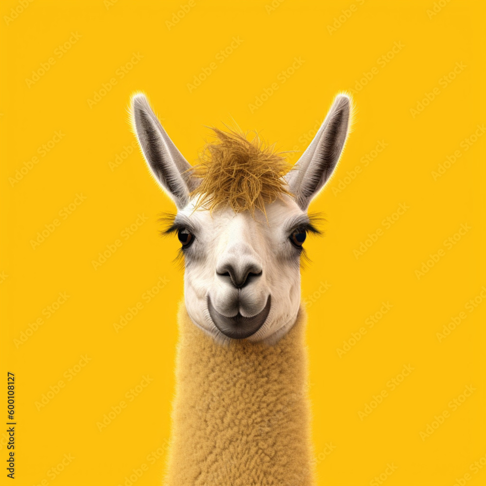 Lama on yellow background. Generative AI.
