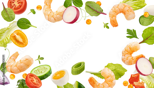 Fototapeta Naklejka Na Ścianę i Meble -  Falling shrimp salad ingredients isolated on white background