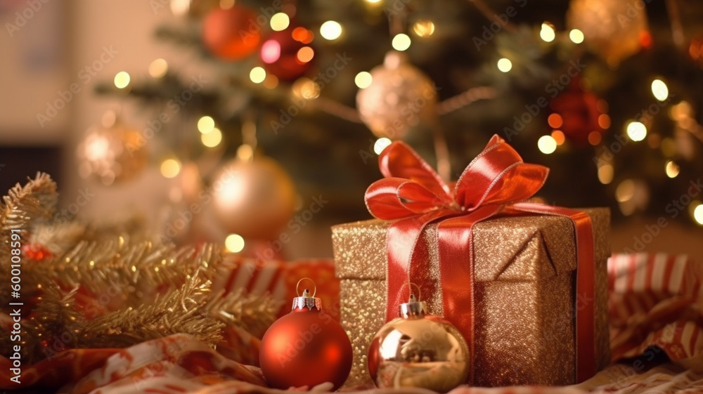 Close up beautiful christmas gift boxes on floor near fir tree in room. Ornament decorations. AI Generative Close up beautiful christmas gift boxes on floor near fir tree in room. Ornament decorations. AI Generative