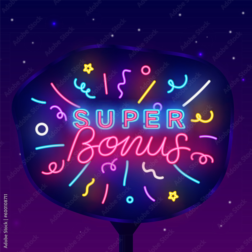 Super bonus neon street billboard. Luminous outdoor advertising. Colorful confetti celebration. Vector illustration Super bonus neon street billboard. Luminous outdoor advertising. Colorful confetti celebration. Vector illustration
