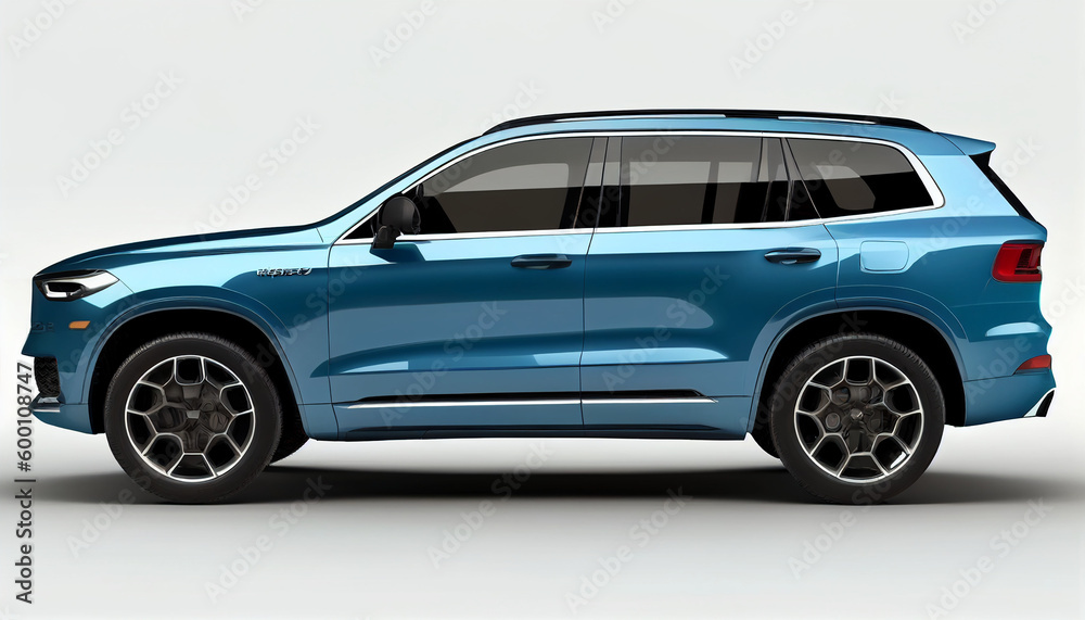 Blue SUV car in side view isolated on white background, Generative AI