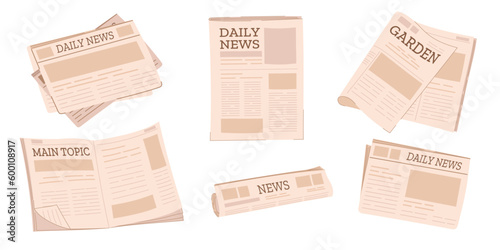 Set of newspapers isolated on white background. Modern news publications. Newspapers folded in half, open newspaper.