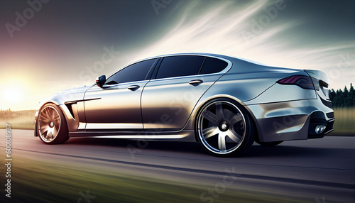 Sleek silver sports sedan on the road with a metallic finish, Generative AI © drizzlingstarsstudio