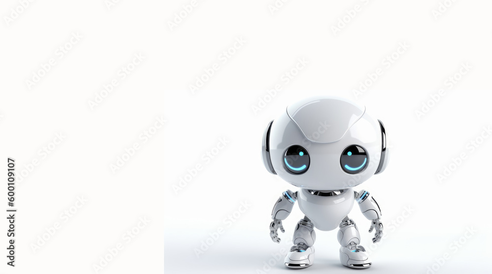 White, cute robot on a white background. Banner. The concept of future technology in the modern world is among us. AI generated.
