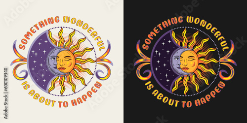 Label with eclipse with sun, crescent moon, text. Mythological fairytale characters with face, magic, mystical, astrology symbols. For clothing, apparel, T-shirts, surface decoration, kids design