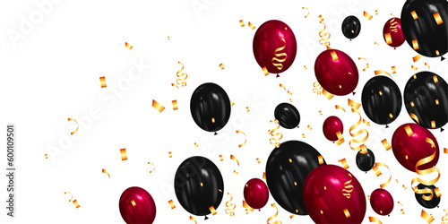 vector illustration, background red and black balloons, golden confetti