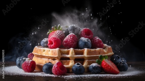 Waffles for breakfast with raspberries and blueberries on a dark background. AI generated.