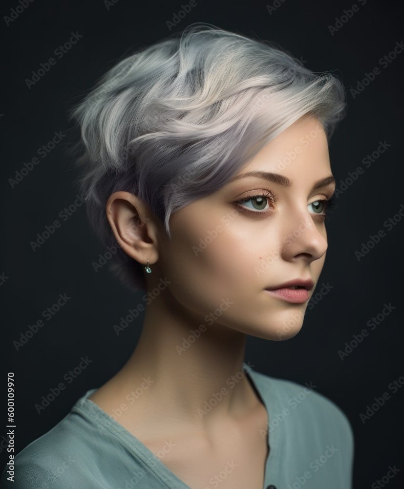 Portrait of a fictional short haired woman with grey white dyed hair. Pixie hairstyle hair salon portrait, isolated. Generative AI illustration.
