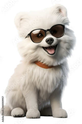 a realistic of a happy, furry, and cute dog or cat with sun glass cartoon style