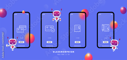 Bank card icon set. Convenience and security of electronic payment methods. Transactions concept. Glassmorphism. UI phone app screen. Vector line icon for Business