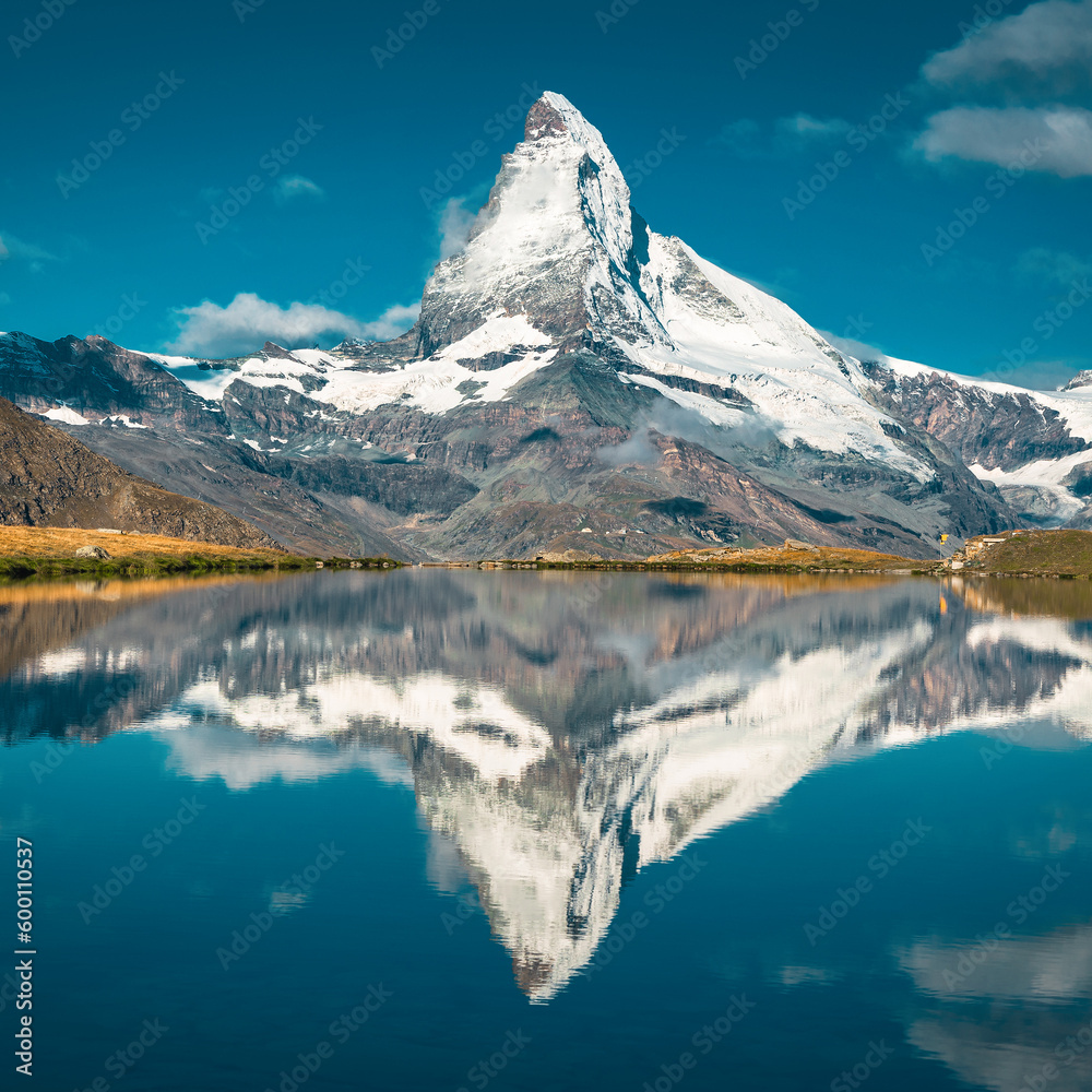 Great view with Matterhorn reflection from the Stellisee lake, Switzerland