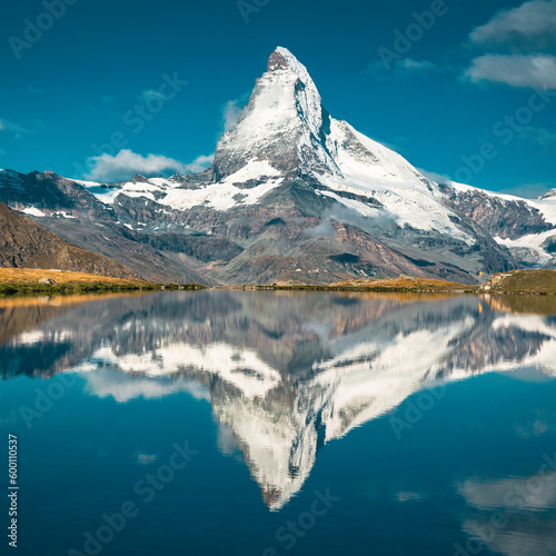 Great view with Matterhorn reflection from the Stellisee lake  Switzerland
