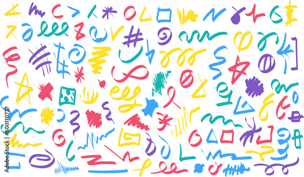 Large set of dashes lines iconic symbols hand drawn with multicolored felt-tip, pens, markers. Underline stroke, hatching, circle, square, triangle. Big simple colorful vector kit isolated on white Large set of dashes lines iconic symbols hand drawn with multicolored felt-tip, pens, markers. Underline stroke, hatching, circle, square, triangle. Big simple colorful vector kit isolated on white