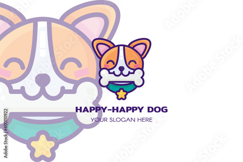 Logo of cute small puppy in elegant collar holds tasty bone in teeth. Symbol emblem for design decoration, brand name of animal friendly company. Vector in thick stroke isolated on white background