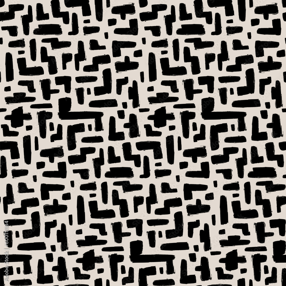 Grunge spotty seamless pattern with freehand geometric lines and labyrinth shaped lines drawn in black marker. Ornament for printing on fabric, cover and packaging. Simple abstract minimalistic vector Grunge spotty seamless pattern with freehand geometric lines and labyrinth shaped lines drawn in black marker. Ornament for printing on fabric, cover and packaging. Simple abstract minimalistic vector