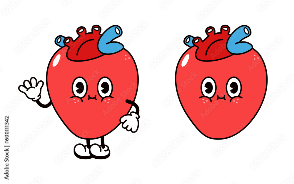 Fototapeta premium Cute funny Heart organ character. Vector hand drawn traditional cartoon vintage, retro, kawaii character illustration icon. Isolated on white background. Heart organ character concept
