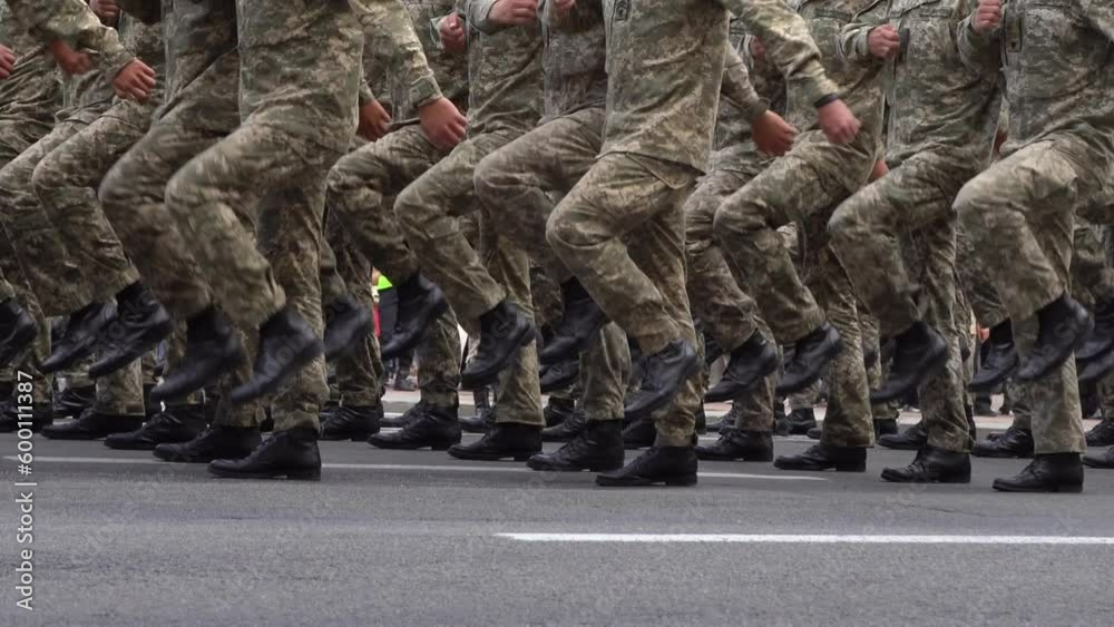 Military men marching in the parade. Soldiers legs. Boots forces and infantry soldier. Army march. Defender team. Crowd man go. Armed forces walking in a row. Pixel uniform. War background.