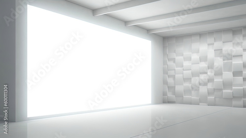 empty white room, white wall with light in interior, sober clean grey and white interior. Illustration, generative AI