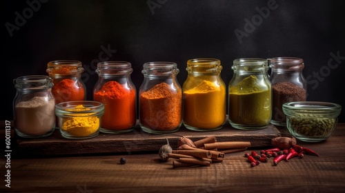 Spices and herbs on wooden table, Generative AI