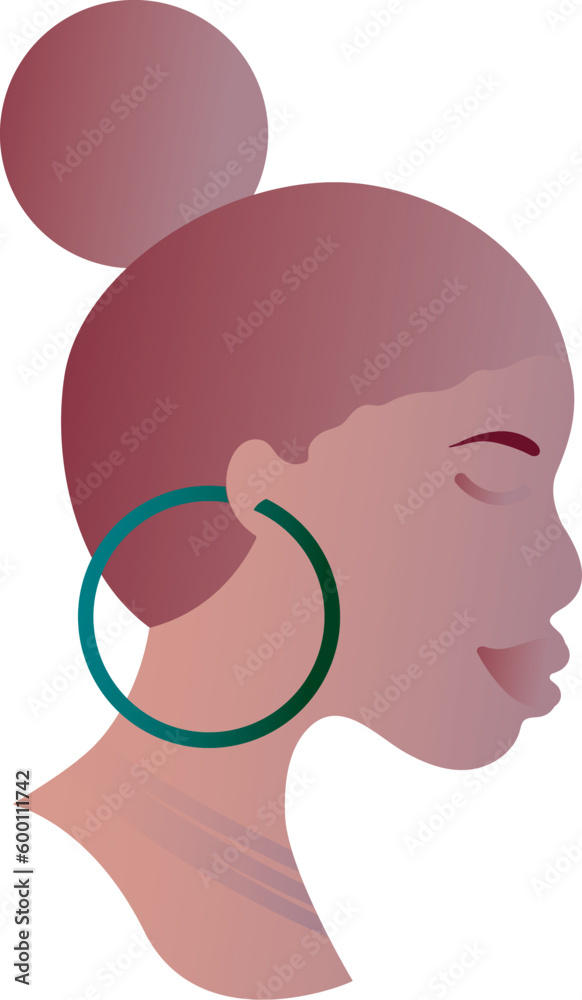 African American woman face profile with closed eyes. Happy Mothers Day. Young African teen girl with traditional neat hairstyle. Avatar of woman with dark skin. Portrait. Vector isolated on white