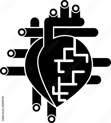 Human heart with arteries and vessels. Sketchy linear icon device of human organ pumping blood in healthy body. Simple black and white silhouette vector icon isolated on white background