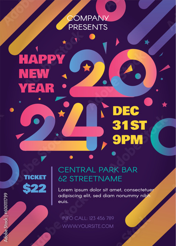 Modern Happy 2024 New Year Holiday blue poster in night disco dance colors with date 2024 and holiday attributes. Template for printing, announcement poster for inviting guests to celebration. Vector