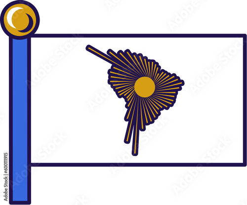 Flag of international ALBA, Bolivarian Alliance organization on staff. Flag on flagpole for registration of solemn event, meeting foreign guests. Color vector isolated on white background