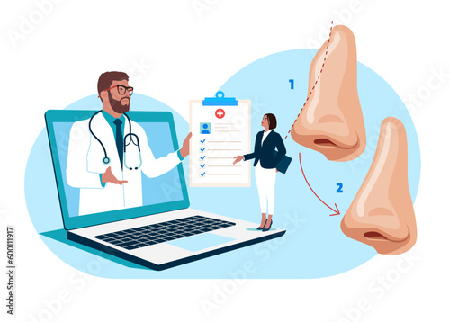Online Plastic surgeon, doing medical cosmetic correction сonsultate with a patient. Correction of nose, changing nasal shape during rhinoplasty surgery. Internet Medical Hospital Diagnostics.