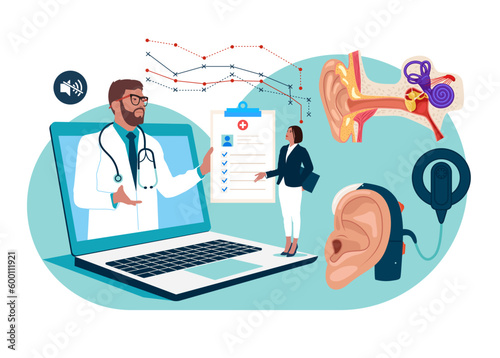 Online Audiologist ENT-Doctor сonsultate with a patient. Otitis, Pain or Tinnitus Disease Treatment. Cochlear implant and hearing aid. Flat vector illustration